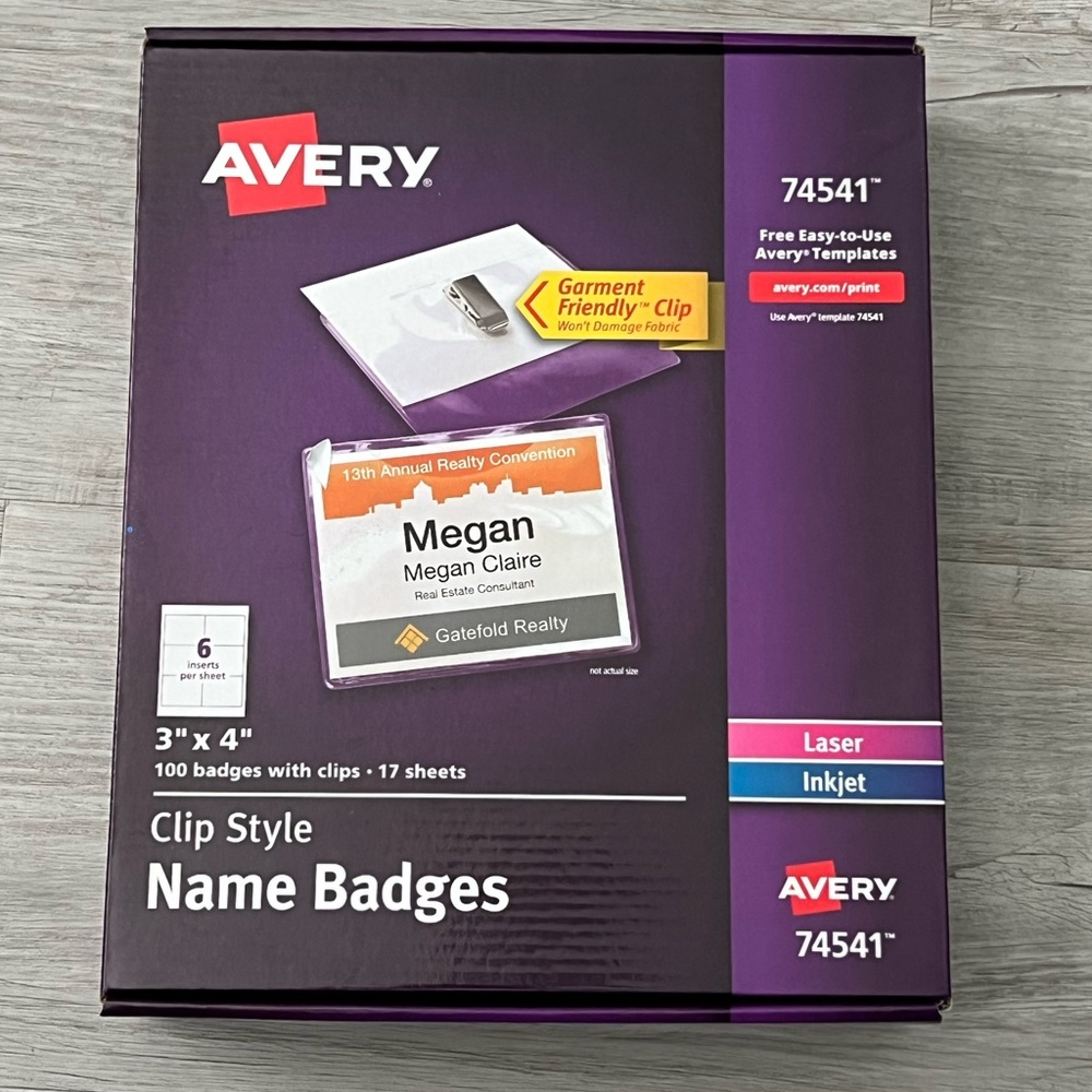 NEW Avery Name Badges Tags w/ Clips, 3" x 4" Printable Inserts 100 (74541)